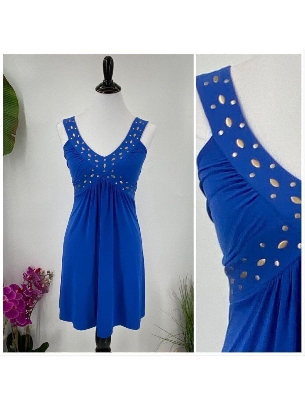 Royal Blue Style & Co  Knit Sun Dress Bronze Studded Fit & Flare Petite